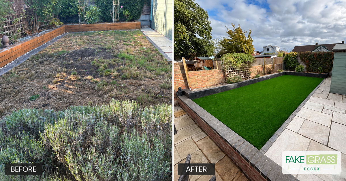 Completed Wickford garden with 30 square metres of Essex Supreme 37mm artificial grass and a 5 square metre sandstone patio extension
